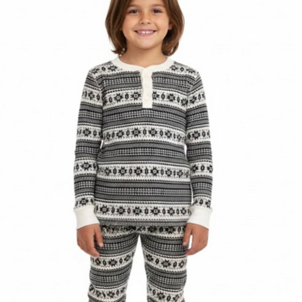 Hanna Andersson Organic Cotton Long John Pajama Set Fair Isle Black White, sz 10